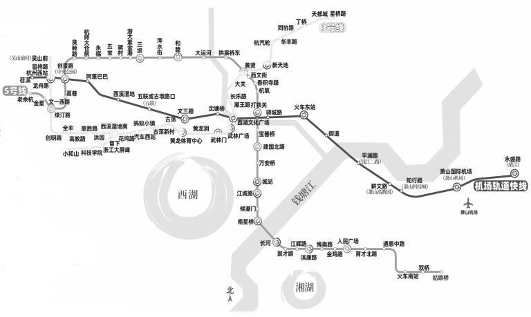 杭州机场轨道快线全长约59公里,计划2022年亚运会前建成,由西向东串
