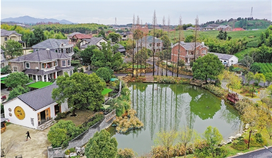 12月22日,从空中俯瞰杭州市余杭区径山镇小古城村,民居,茶园,清溪勾勒