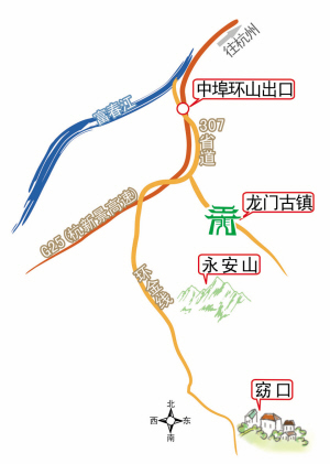 15分钟到中埠(龙门古镇)出口下,再沿着s307省道(环金线)(富阳环山乡到