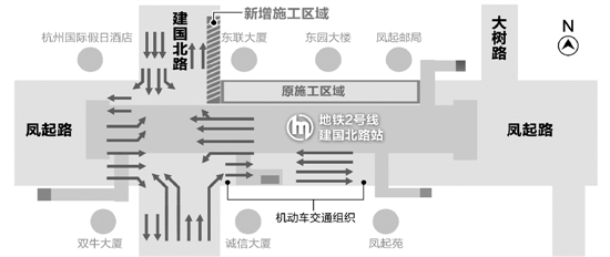 因杭州地铁施工 建国北路南向北缩减1个车道