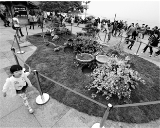 4月26日，杭州湖滨公园新添了不少“景观”，为即将到来的五一劳动节造势。 里尔 摄    