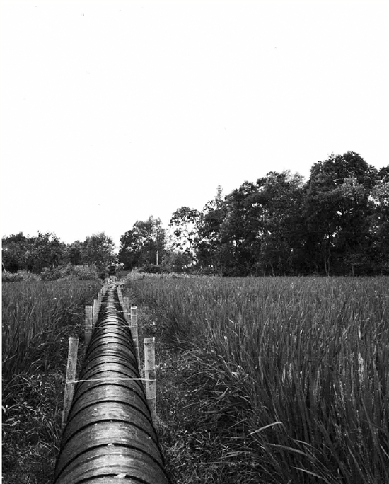 1951-1958年，用柏油桶做成的输泥管道。盛国进 供图