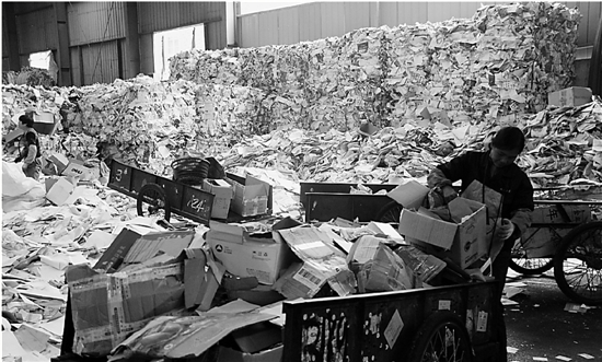 申奇废品回收公司的仓库内，快递垃圾堆积如山。
