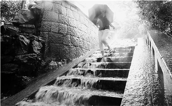 昨天下午，一场突如其来的暴雨袭击杭城，保俶路一台阶变身“小瀑布”，市民踏水而下。 