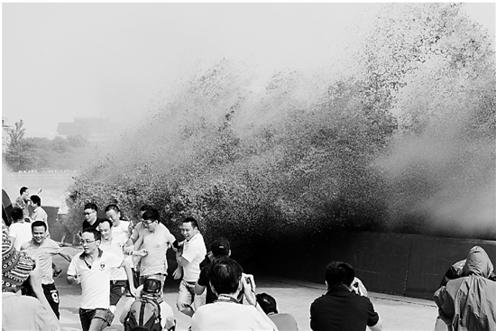 昨天下午在下沙七格，钱塘江大潮汛吸引了众多的市民前来观赏。 里尔 摄