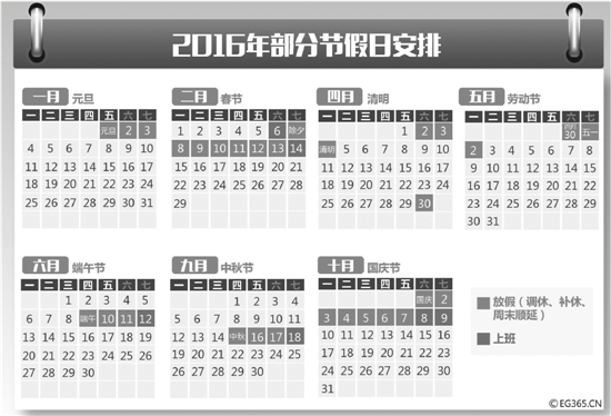 国办发布2016年部分节假日安排