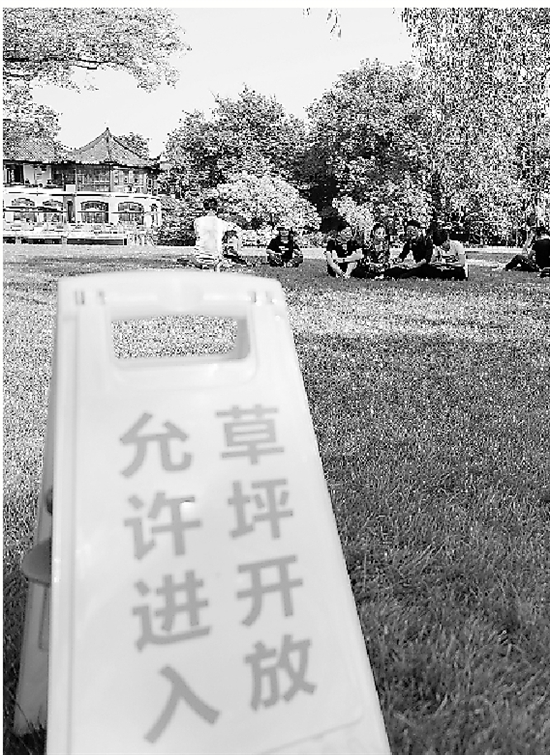   来自南京的王小姐躺在草坪上自拍，发微信朋友圈：“生活就这样被幸福的小事情填满！”