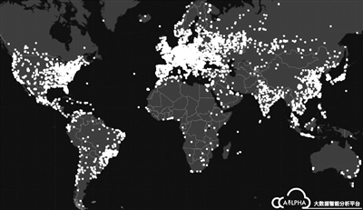 截至昨天16时，安恒信息监测到的全球受到勒索病毒攻击的城市