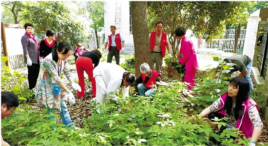 莲花社区新班子成员在清扫社区卫生死角