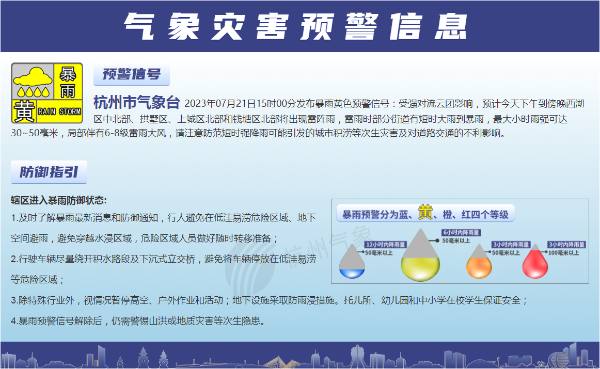 杭州市气象台发布暴雨黄色预警