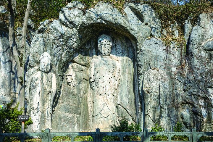 石佛院造像,西方三圣立像。