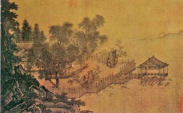 《四景山水图卷》夏:纳凉,夏木浓荫,碧荷点点